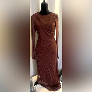 Long Sleeve Solid Mesh Midi Dress sz M